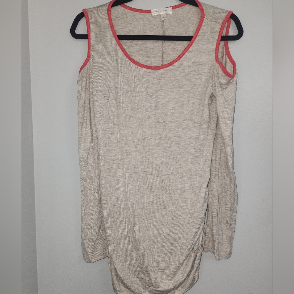Barely There Beige Cold-Shoulder Top with Coral Trim